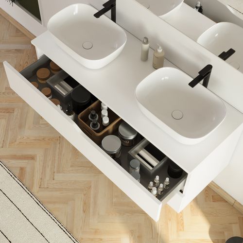 Meuble De Salle De Bain 120cm Avec Plateau Et 2 Vasques à Poser Zeus - 2 Tiroirs - Blanc - Luna