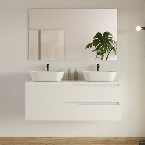 Meuble De Salle De Bain 120cm Avec Plateau Et 2 Vasques à Poser Zeus - 2 Tiroirs - Blanc - Luna
