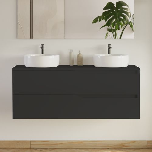 Meuble De Salle De Bain 120cm Avec Plateau Et 2 Vasques à Poser Ares - 2 Tiroirs - Noir - Luna