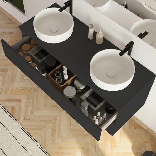 Meuble De Salle De Bain 120cm Avec Plateau Et 2 Vasques à Poser Ares - 2 Tiroirs - Noir - Luna