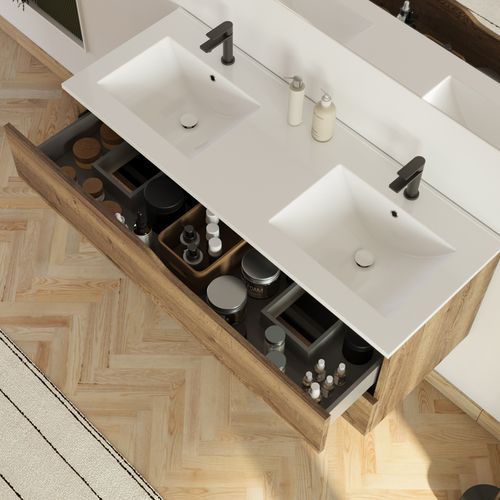 Meuble De Salle De Bain 120cm Avec Plan Double Vasque - 2 Tiroirs - Sans Miroir - Tabaco - Luna