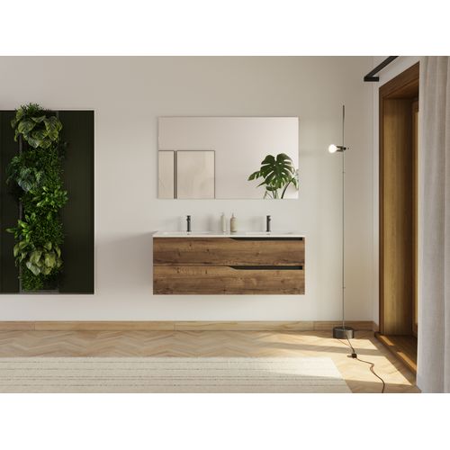 Meuble De Salle De Bain 120cm Avec Plan Double Vasque - 2 Tiroirs - Sans Miroir - Tabaco - Luna