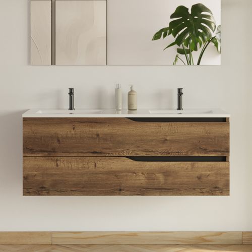 Meuble De Salle De Bain 120cm Avec Plan Double Vasque - 2 Tiroirs - Sans Miroir - Tabaco - Luna