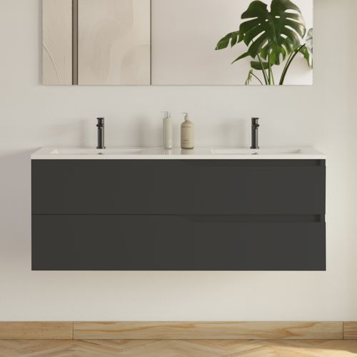 Meuble De Salle De Bain 120cm Avec Plan Double Vasque - 2 Tiroirs - Noir - Luna