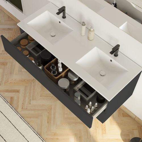 Meuble De Salle De Bain 120cm Avec Plan Double Vasque - 2 Tiroirs - Noir - Luna