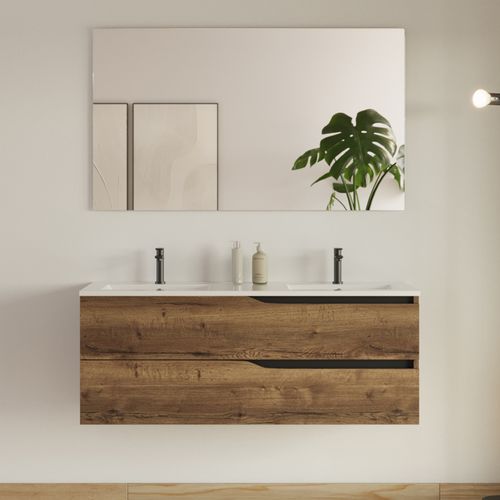 Meuble De Salle De Bain 120cm Avec Plan Double Vasque - 2 Tiroirs - Tabaco - Luna