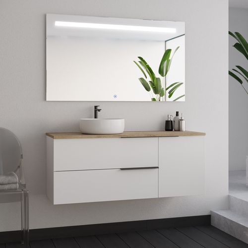 Meuble De Salle De Bain 120cm Avec Vasque à Poser Ronde - Blanc - King Et Miroir LED Stam