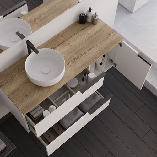 Meuble De Salle De Bain 120cm Avec Vasque à Poser Ronde Et Miroir Avec Appliques - Blanc - King