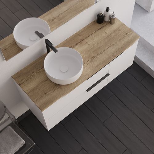 Meuble De Salle De Bain 120cm Avec Vasque à Poser Ronde Et Miroir Avec Appliques - Blanc - King