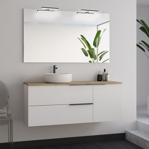 Meuble De Salle De Bain 120cm Avec Vasque à Poser Ronde Et Miroir Avec Appliques - Blanc - King