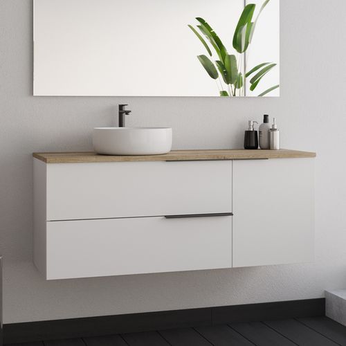 Meuble De Salle De Bain 120cm Avec Vasque à Poser Ronde - Sans Miroir - Blanc - King