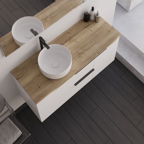 Meuble De Salle De Bain 100cm Avec Vasque à Poser Ronde - Sans Miroir - Blanc - King