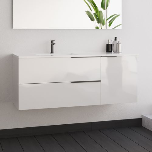 Meuble De Salle De Bain 120cm Avec Vasque Déportée - 2 Tiroirs- Blanc - King