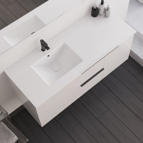 Meuble De Salle De Bain 120cm Avec Vasque Déportée - 2 Tiroirs- Blanc - King
