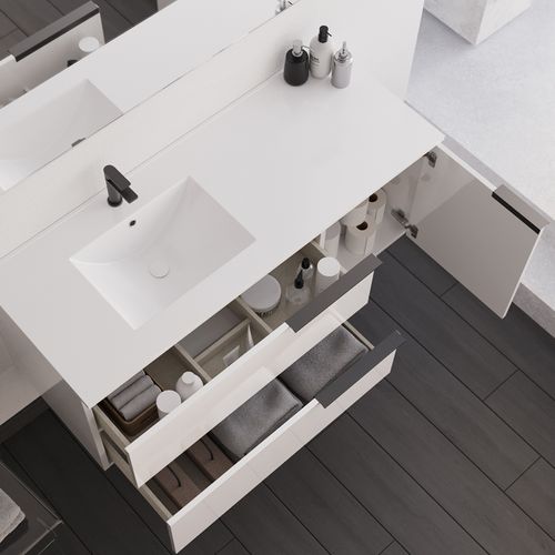 Meuble De Salle De Bain 120cm Avec Vasque Déportée - Blanc - King Et Miroir Stam