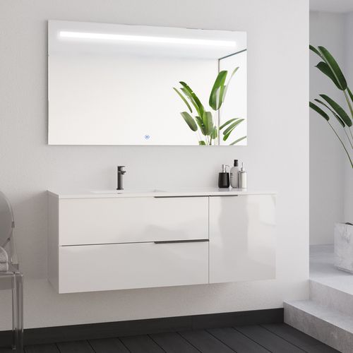 Meuble De Salle De Bain 120cm Avec Vasque Déportée - Blanc - King Et Miroir Stam