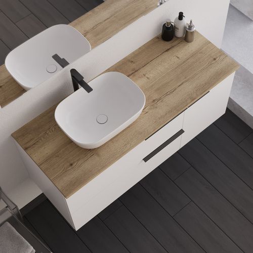 Meuble De Salle De Bain 120cm Avec Vasque à Poser Arrondie Et Miroir Avec Appliques - Blanc - King