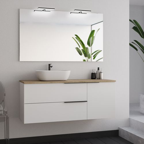 Meuble De Salle De Bain 120cm Avec Vasque à Poser Arrondie Et Miroir Avec Appliques - Blanc - King