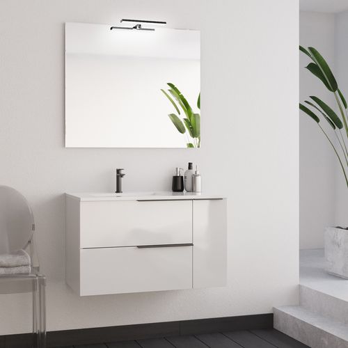 Meuble De Salle De Bain 80cm Avec Vasque Déportée Et Miroir Avec Applique - Blanc - King