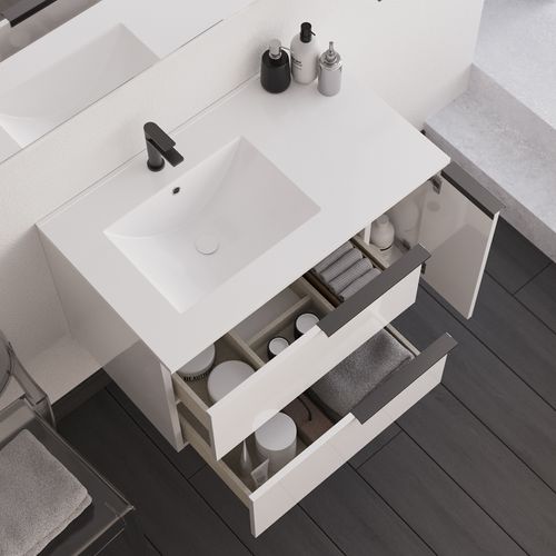 Meuble De Salle De Bain 80cm Avec Vasque Déportée - 2 Tiroirs - Sans Miroir - Blanc - King