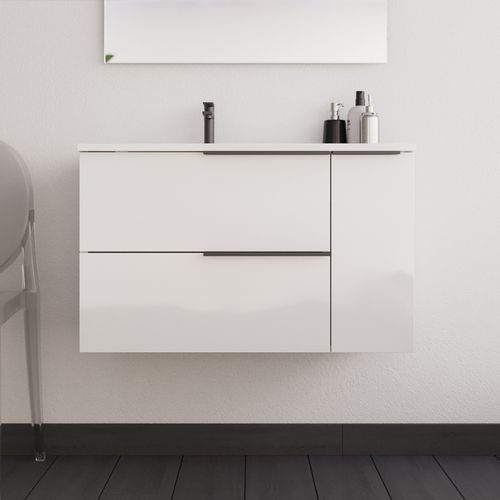 Meuble De Salle De Bain 80cm Avec Vasque Déportée - 2 Tiroirs - Sans Miroir - Blanc - King