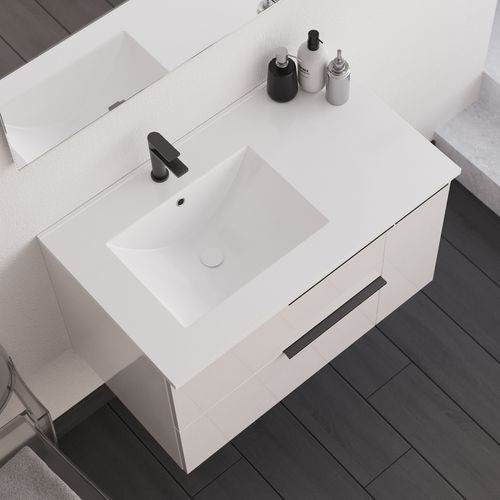 Meuble De Salle De Bain 80cm Avec Vasque Déportée - 2 Tiroirs - Sans Miroir - Blanc - King