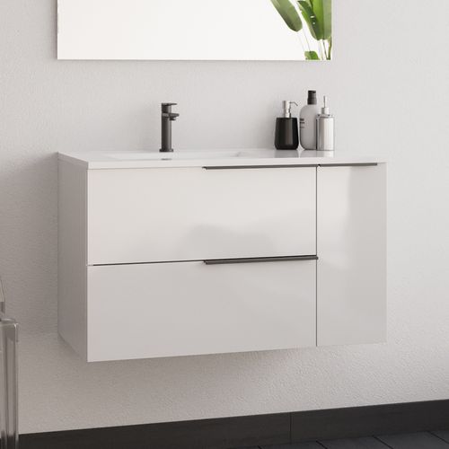 Meuble De Salle De Bain 80cm Avec Vasque Déportée - 2 Tiroirs - Sans Miroir - Blanc - King