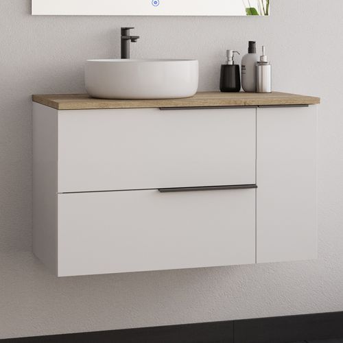 Meuble De Salle De Bain 80cm Avec Vasque à Poser Ronde Et Miroir Avec Applique - Blanc - King