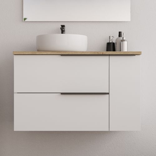 Meuble De Salle De Bain 80cm Avec Vasque à Poser Ronde Et Miroir Avec Applique - Blanc - King