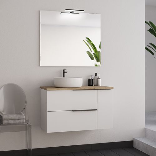Meuble De Salle De Bain 80cm Avec Vasque à Poser Ronde Et Miroir Avec Applique - Blanc - King