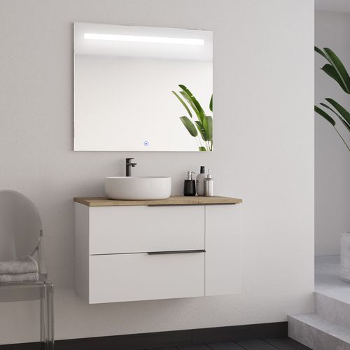 Meuble De Salle De Bain 80cm Avec Vasque à Poser Ronde - Blanc - King Et Miroir LED Stam