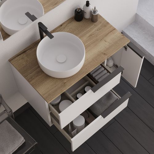 Meuble De Salle De Bain 80cm Avec Vasque à Poser Ronde - Blanc - King Et Miroir LED Stam