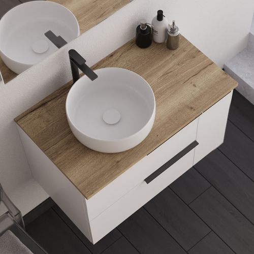 Meuble De Salle De Bain 80cm Avec Vasque à Poser Ronde - Sans Miroir - Blanc - King