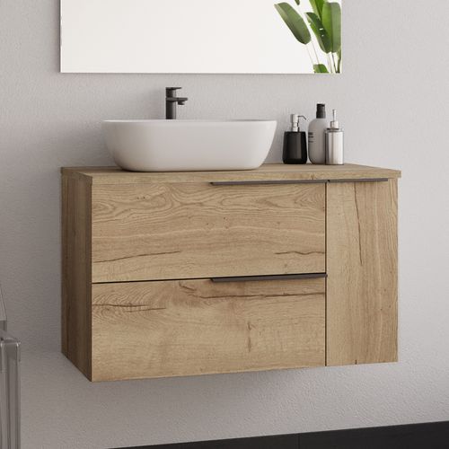 Meuble De Salle De Bain 80cm Avec Vasque à Poser Déportée Ronde - Roble (chêne Clair) - King