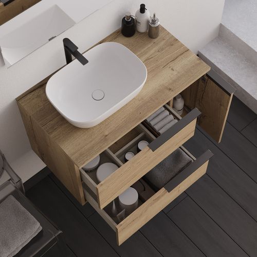 Meuble De Salle De Bain 80cm Avec Vasque à Poser Déportée Ronde - Roble (chêne Clair) - King