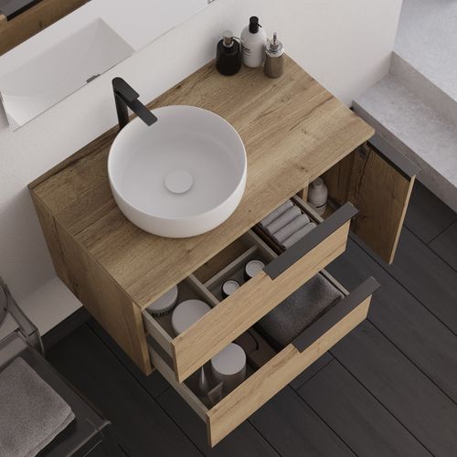 Meuble De Salle De Bain 80cm Avec Vasque à Poser Déportée Arrondie - Roble (chêne Clair) - King