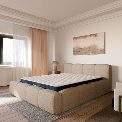 Ensemble Matelas Hybride Jade Épais. 26cm Et Lit Coffre Beige Tissu Bouclé 140x190cm