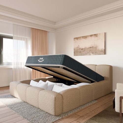 Ensemble Matelas Hybride Jade Épais. 26cm Et Lit Coffre Beige Tissu Bouclé 140x190cm