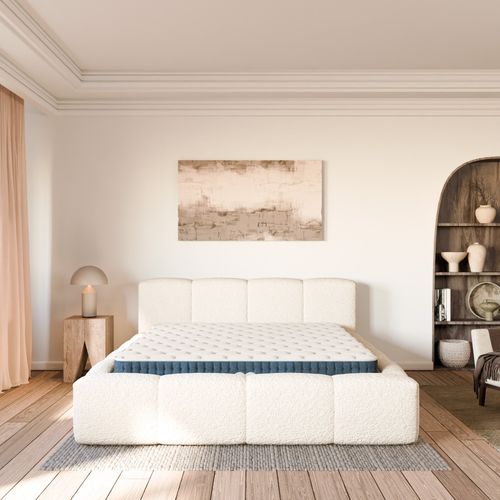 Ensemble Matelas Hybride Jade Épais. 26cm Et Lit Coffre Beige Tissu Bouclé 160x200cm