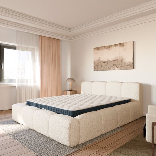 Ensemble Matelas Hybride Jade Épais. 26cm Et Lit Coffre Beige Tissu Bouclé 160x200cm