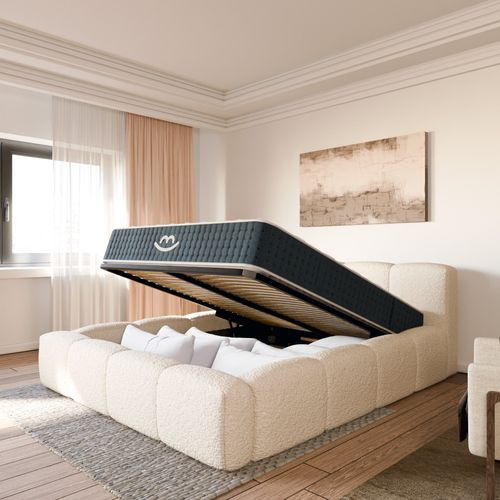 Ensemble Matelas Hybride Jade Épais. 26cm Et Lit Coffre Beige Tissu Bouclé 160x200cm