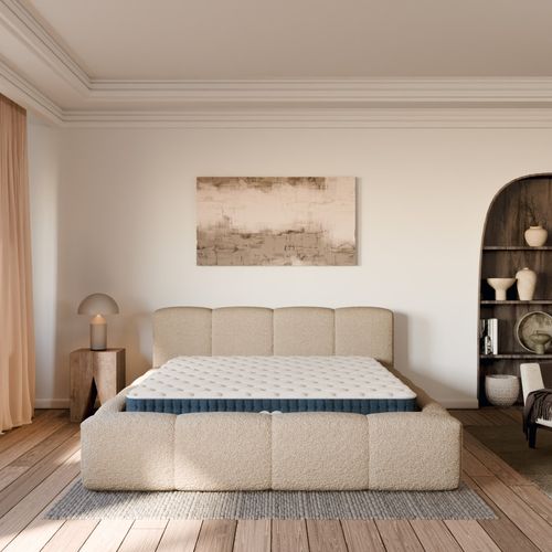 Ensemble Matelas Hybride Jade Épais. 26cm Et Lit Coffre Beige Tissu Bouclé 180x200cm