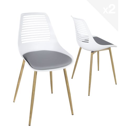 Lot 2 Chaises De Cuisine Dossier Ajouré Coussin Simili Pieds Métal Ton Bois Clair Geos (blanc Gris)