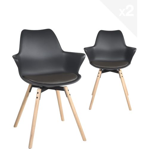 Lot 2 Chaises Scandinaves Accoudoirs Pieds Bois Clair Coussin Simili Moti (noir Marron)