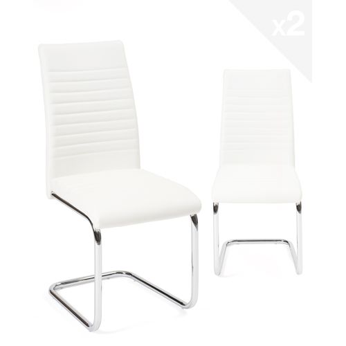 Lot De 2 Chaises Salle à Manger Design Simili Rembourré Et Surpiqué Pied Chrome Opus (blanc)