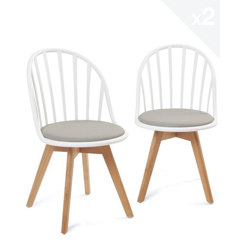 Lot 2 Chaises Bistrot à Barreaux Scandinaves Coussin Simili Pieds Bois Clair Bold (blanc Gris)