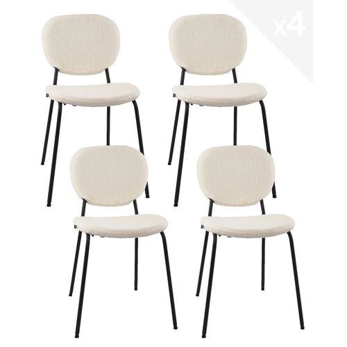 Lot 4 Chaises Salle à Manger Tissu Bouclette Teddy Blanc Rembourré Pieds Métal Noir Mada (blanc)