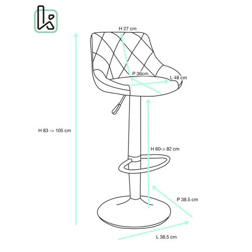 Lot 2 Chaises De Bar, Tissu Rembourré Matelassé , Pivotant, Hauteur Réglable Pied Noir Luti (bleu)