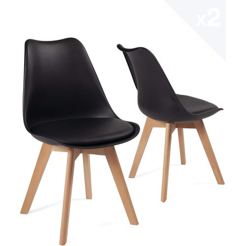 Lot 2 Chaises Scandinaves Large Siège Coussin Simili Pieds Bois Hêtre Lao (noir)
