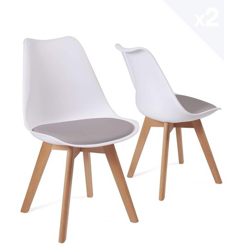 Lot 2 Chaises Scandinaves Large Siège Coussin Simili Pieds Bois Hêtre Lao (blanc Gris)